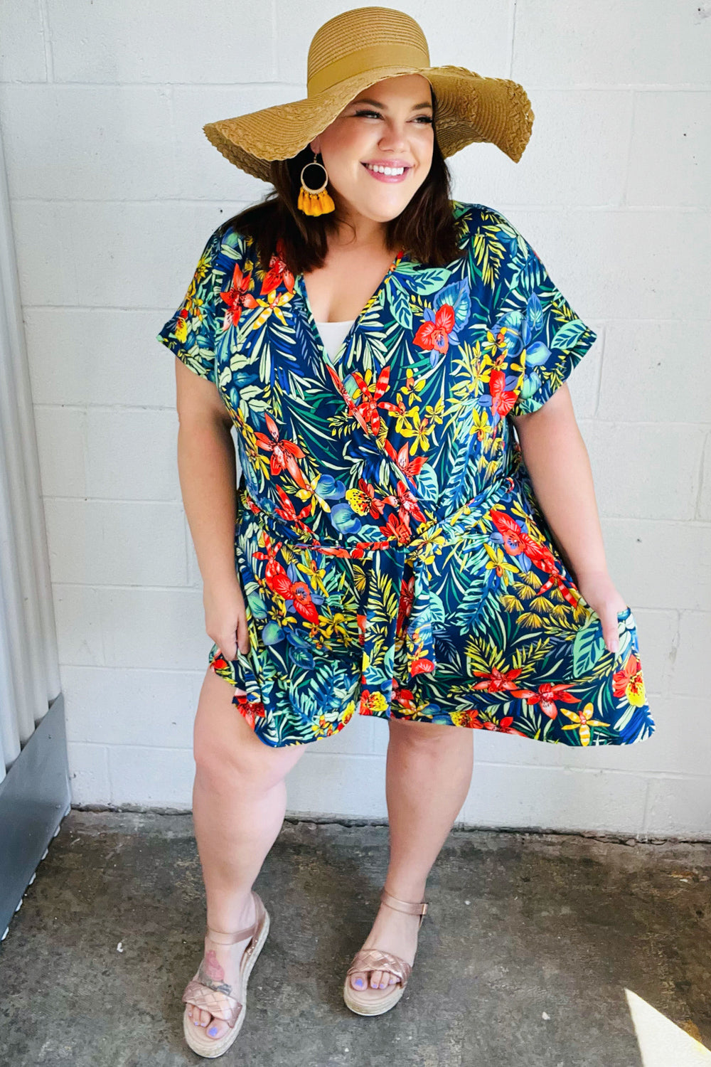 Navy Tropical Floral Surplice Romper