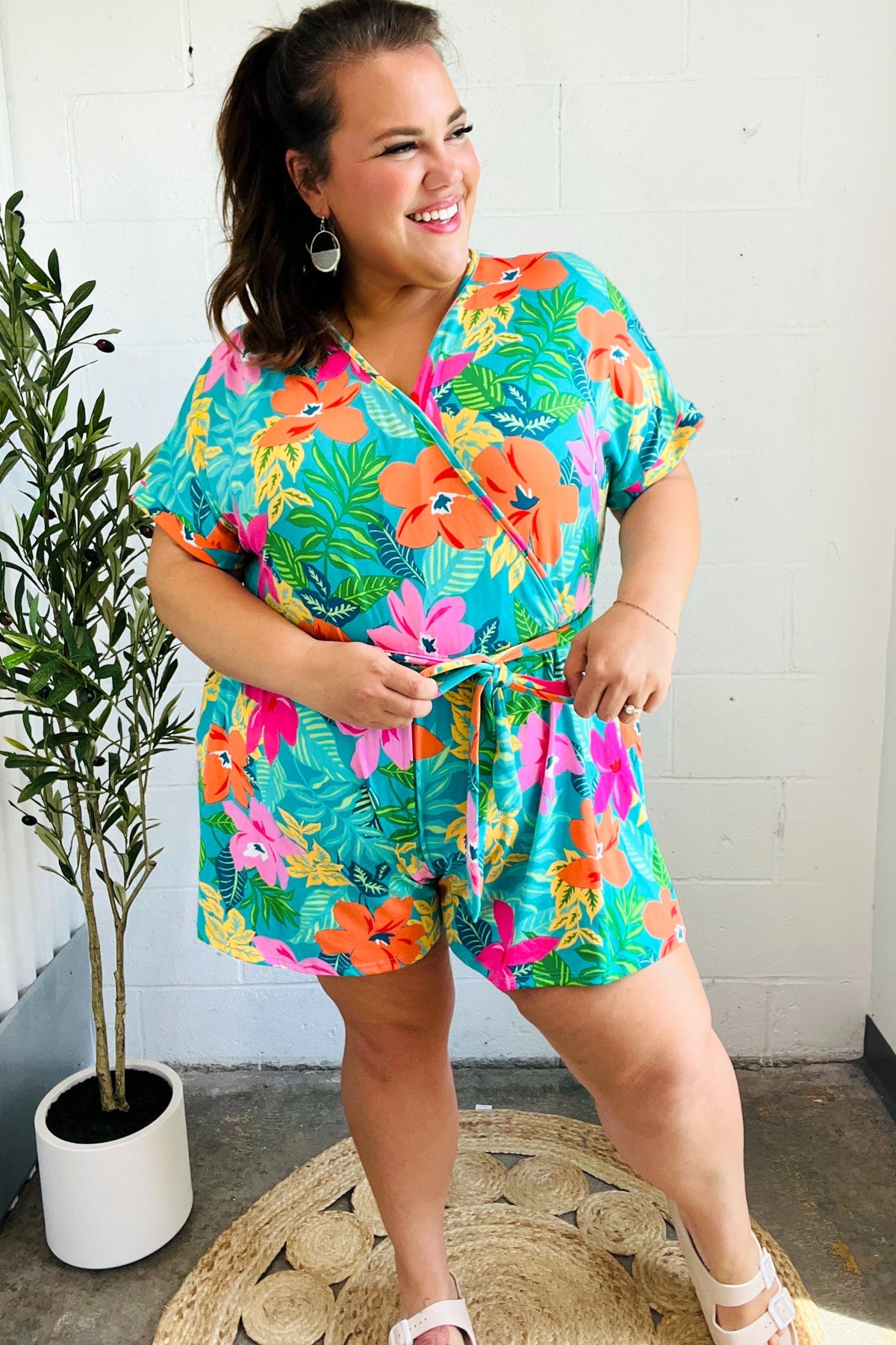 Tropical Vibes Turquoise Floral Surplice Tie Waist Romper