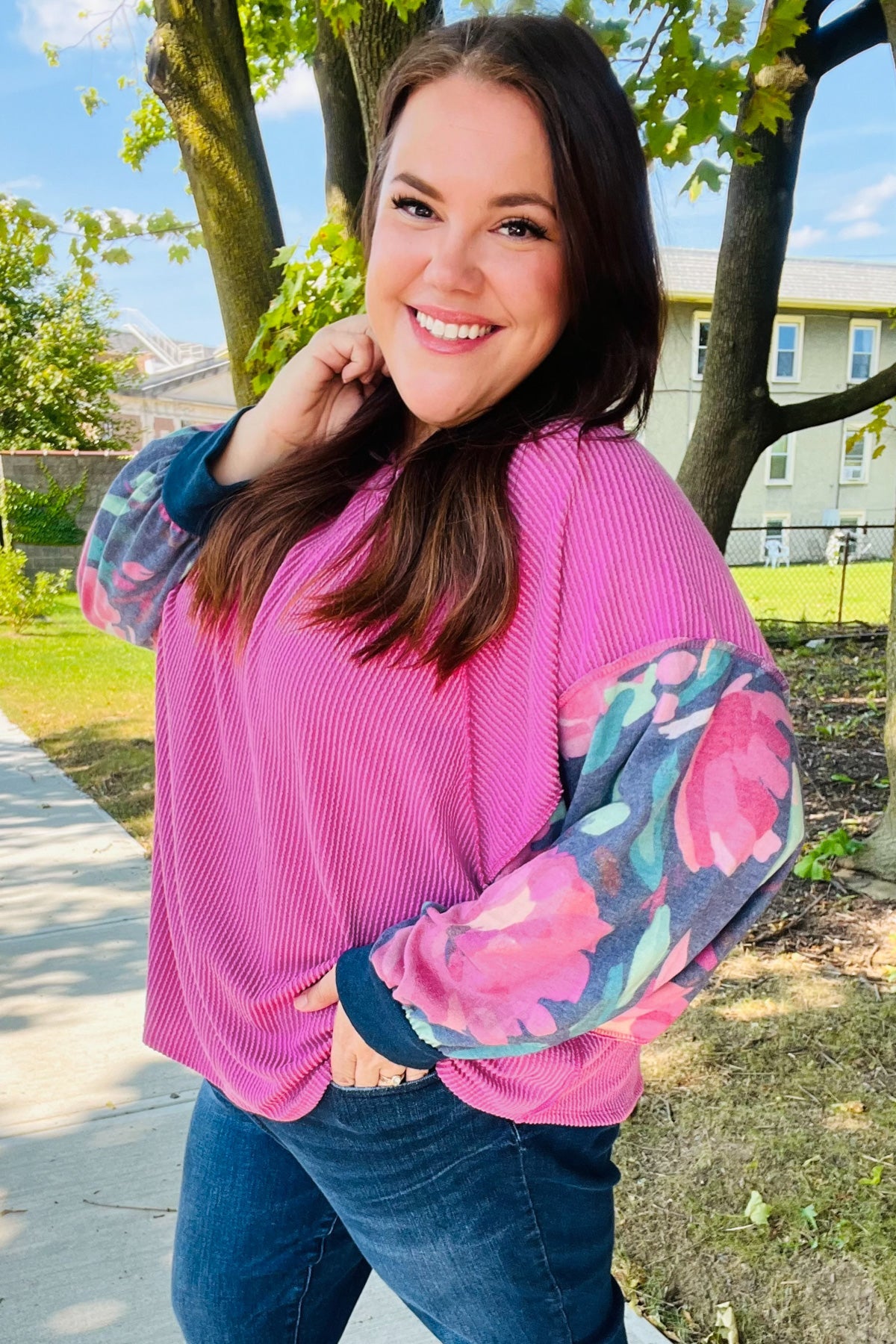 Weekend Ready Magenta & Navy Floral Mineral Wash Rib Dolman Top