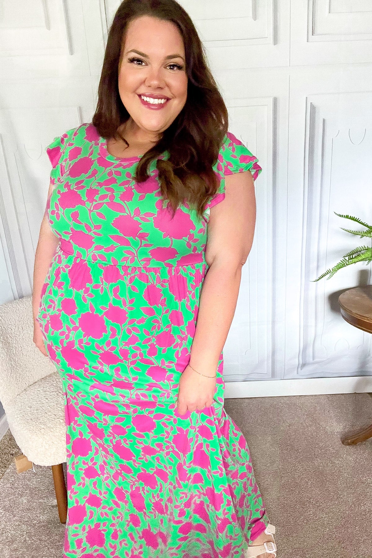 Stand Out Green & Fuchsia Floral Fit & Flare Maxi Dress