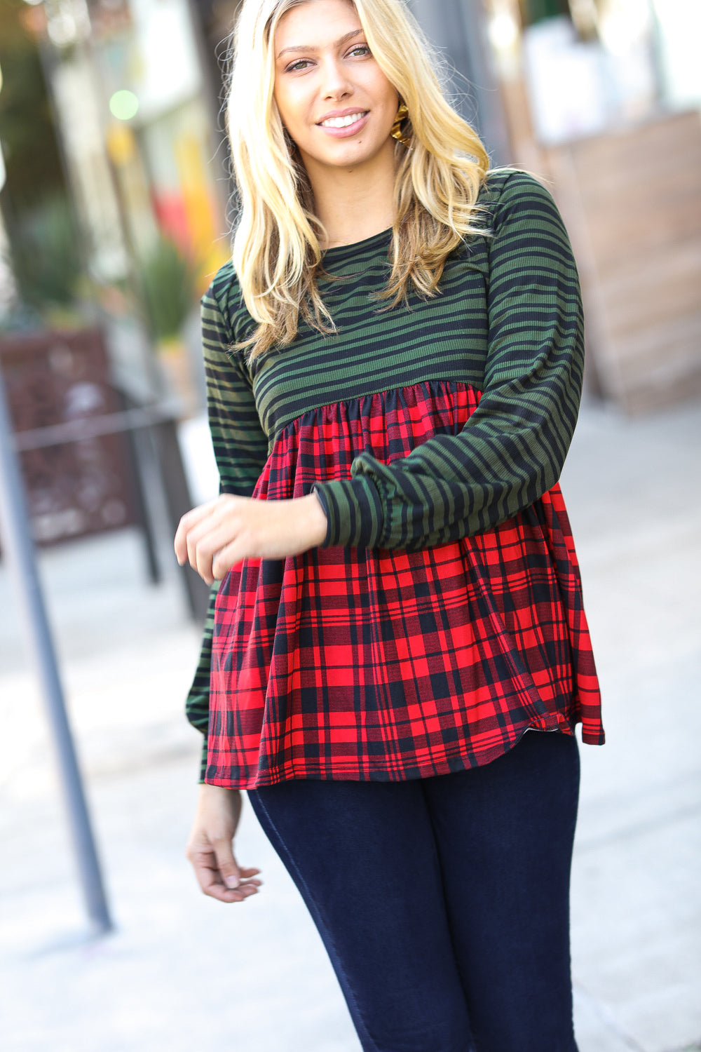 Holiday Plaid Babydoll Color Block Swing Top