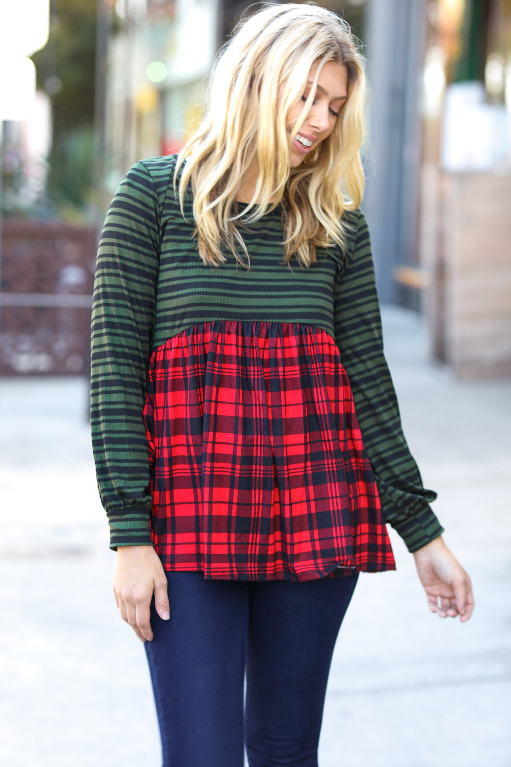 Holiday Plaid Babydoll Color Block Swing Top