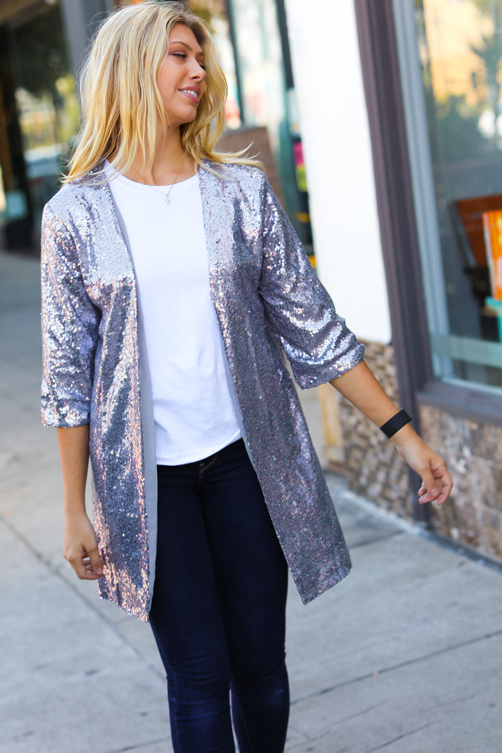 Holiday Silver Iridescent Sequin Open Lined Cardigan