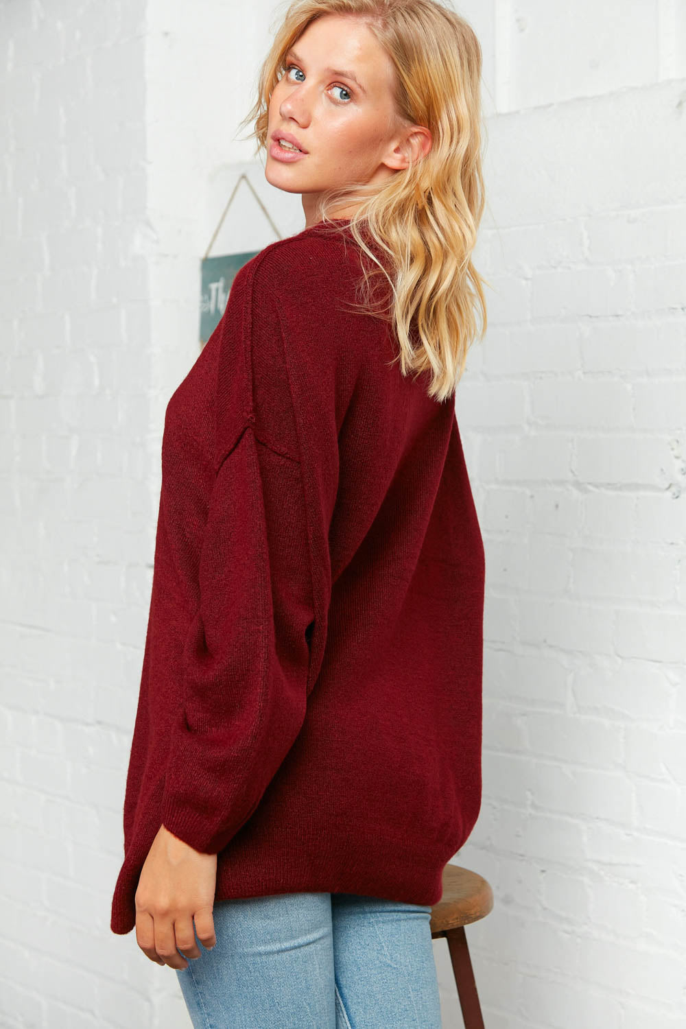 Burgundy Oversized Out Seam Knit Sweater Top